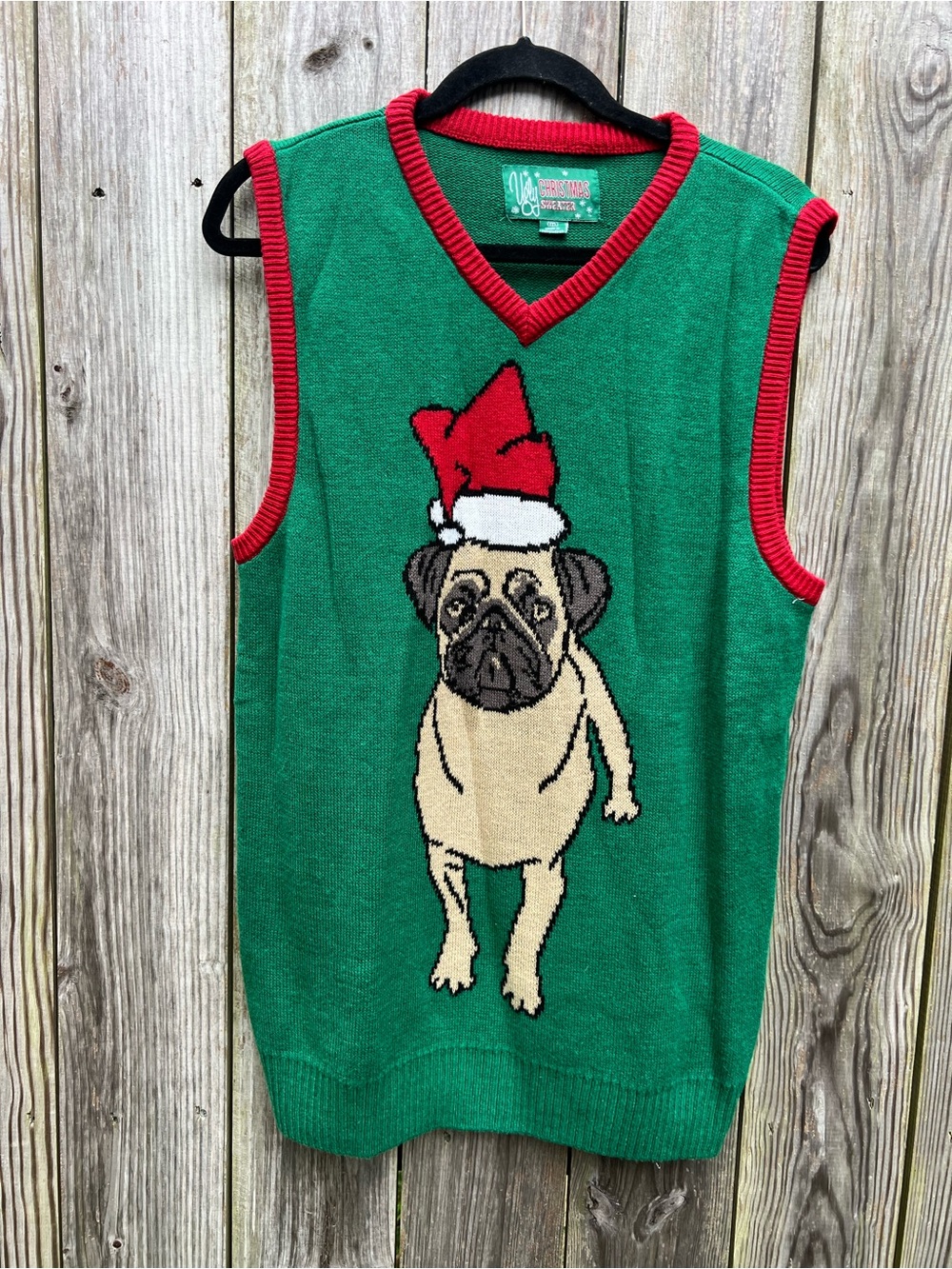 UGLY CHRISTMAS SWEATER Pug Dog with Santa Hat V Neck Vest Women’s Medium